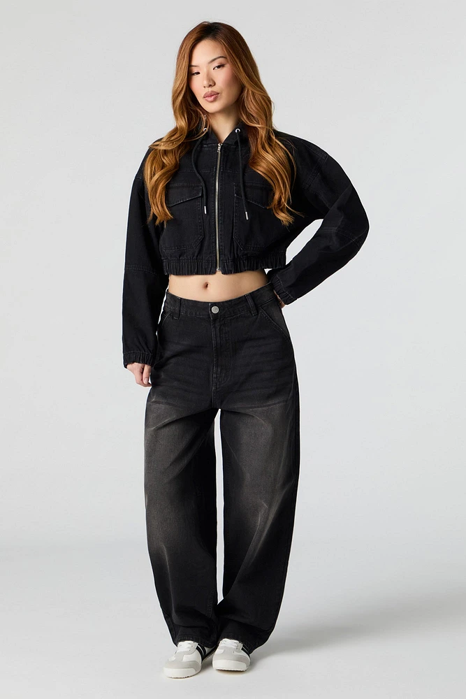 Denim Cropped Zip-Up Hoodie