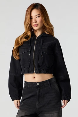 Haut à capuchon en denim court avec fermeture glissière