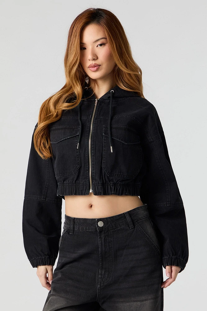 Denim Cropped Zip-Up Hoodie