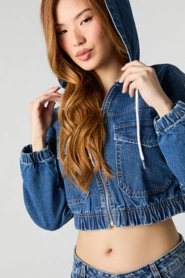 Haut à capuchon en denim court avec fermeture glissière