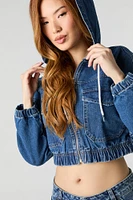 Haut à capuchon en denim court avec fermeture glissière