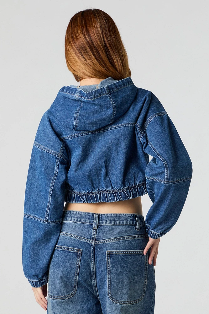 Haut à capuchon en denim court avec fermeture glissière