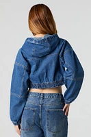 Haut à capuchon en denim court avec fermeture glissière