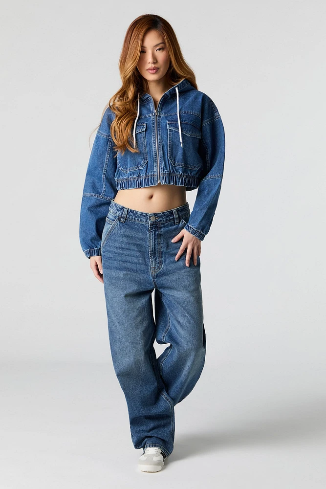 Haut à capuchon en denim court avec fermeture glissière