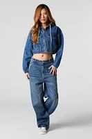 Haut à capuchon en denim court avec fermeture glissière