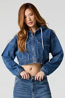 Haut à capuchon en denim court avec fermeture glissière