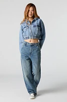 Denim Cropped Zip-Up Hoodie