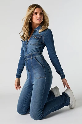 Denim Zip-Up Collared Long Sleeve Jumpsuit