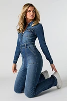 Denim Zip-Up Collared Long Sleeve Jumpsuit