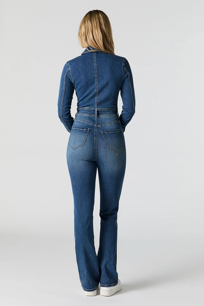 Denim Zip-Up Collared Long Sleeve Jumpsuit