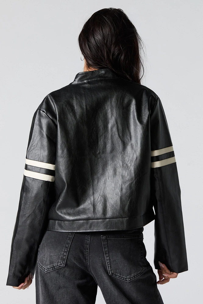 Blouson de style moto en similicuir avec rayures contrastantes