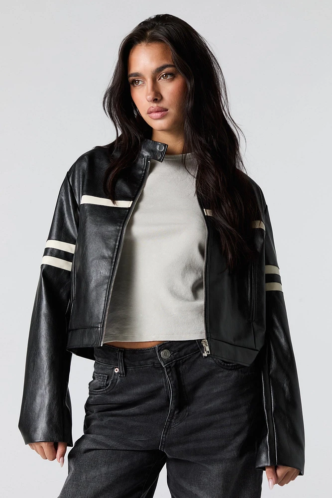 Blouson de style moto en similicuir avec rayures contrastantes