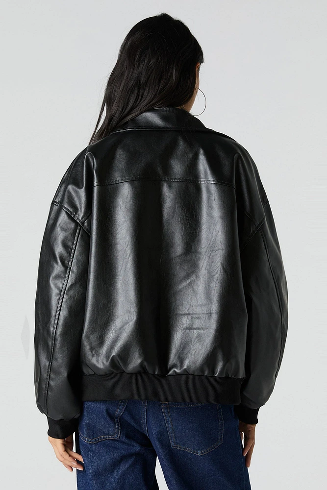 Faux Leather Oversized Zip-Up Bomber Jacket