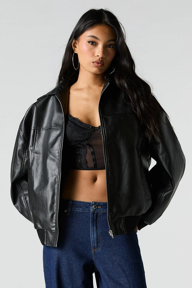 Faux Leather Oversized Zip-Up Bomber Jacket