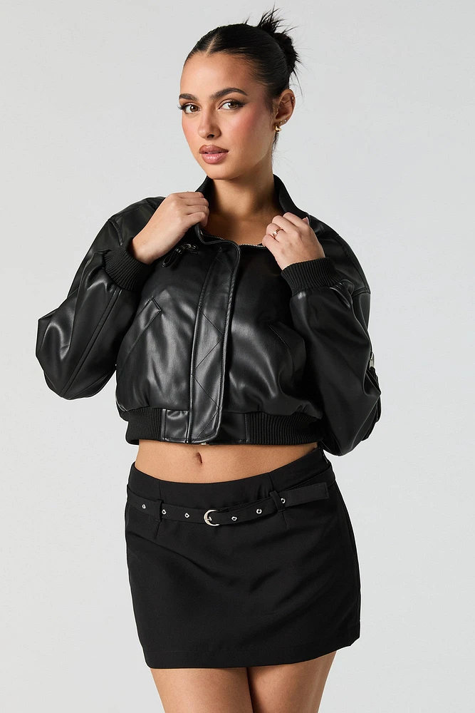 Faux Leather Cropped Bomber Jacket