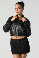 Faux Leather Cropped Bomber Jacket