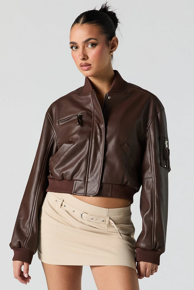 Faux Leather Cropped Bomber Jacket