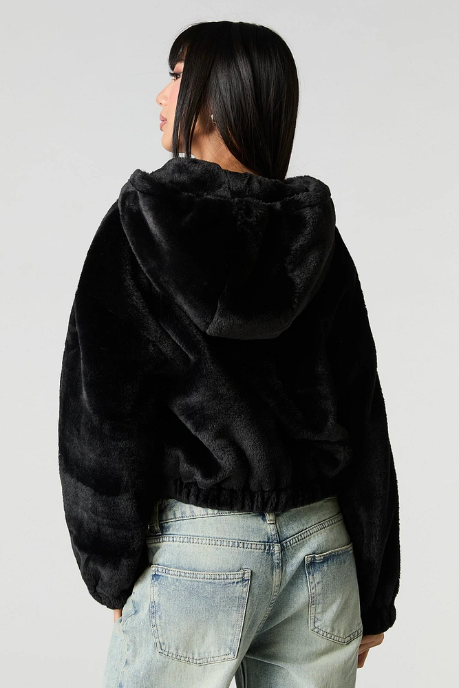 Faux Fur Hooded Zip-Up Jacket