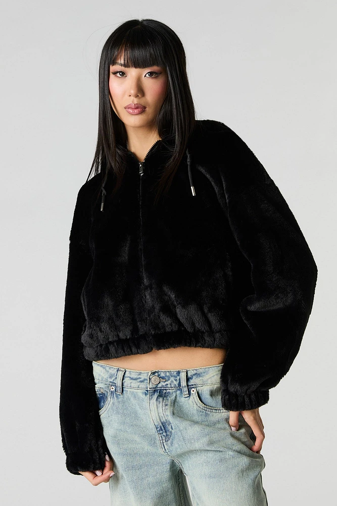 Faux Fur Hooded Zip-Up Jacket