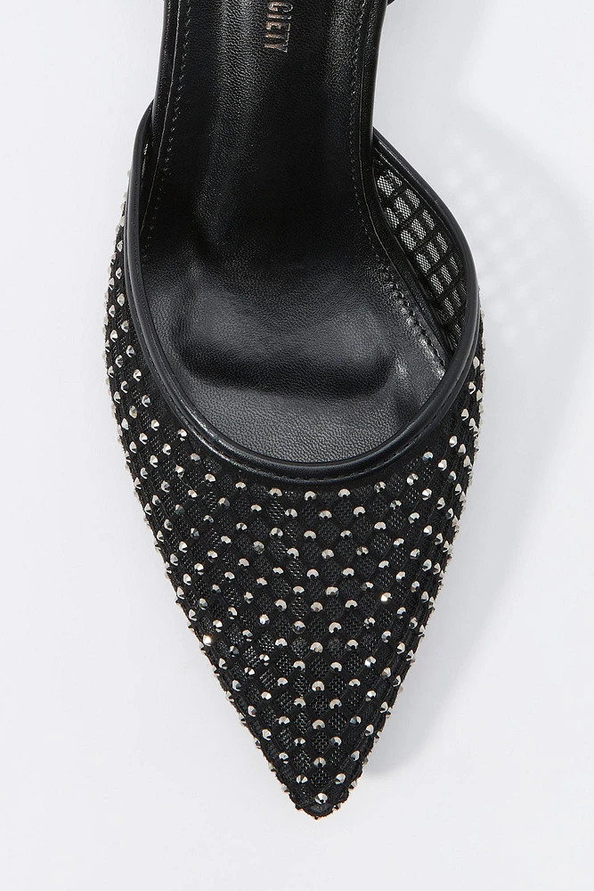 Rhinestone Mesh Slingback Kitten Heels