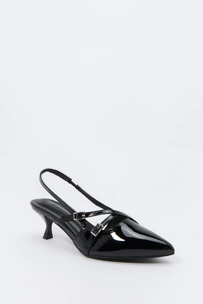 Faux Leather Buckled Kitten Heel