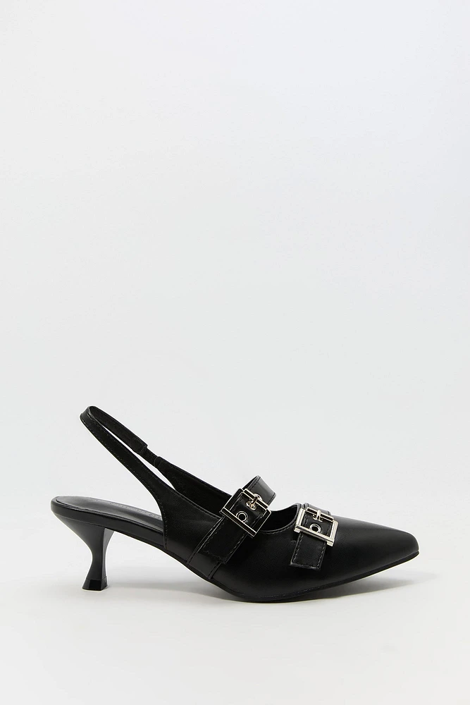 Faux Leather Buckled Slingback Kitten Heel