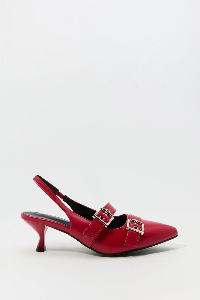 Faux Leather Buckled Slingback Kitten Heel