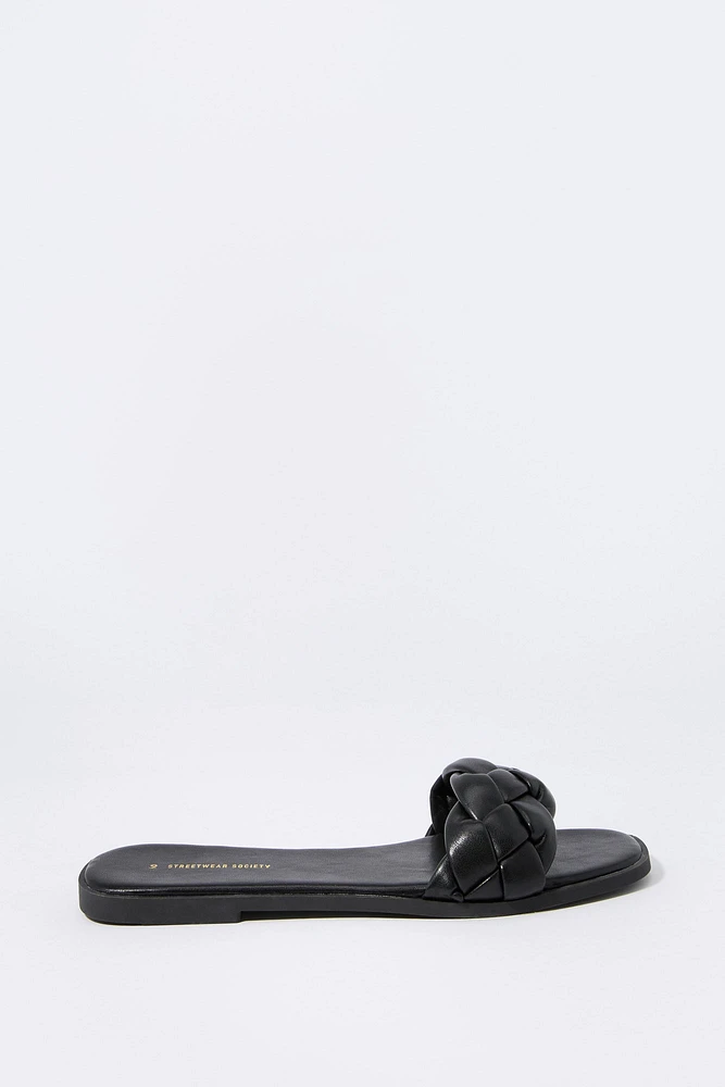 Faux Leather Woven Slide Sandal