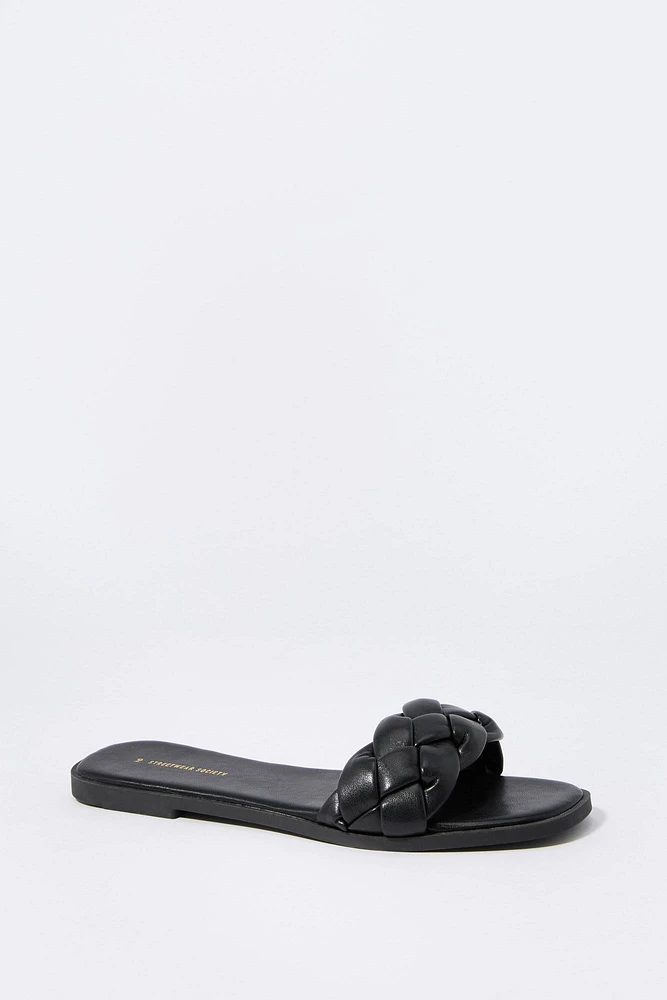 Faux Leather Woven Slide Sandal
