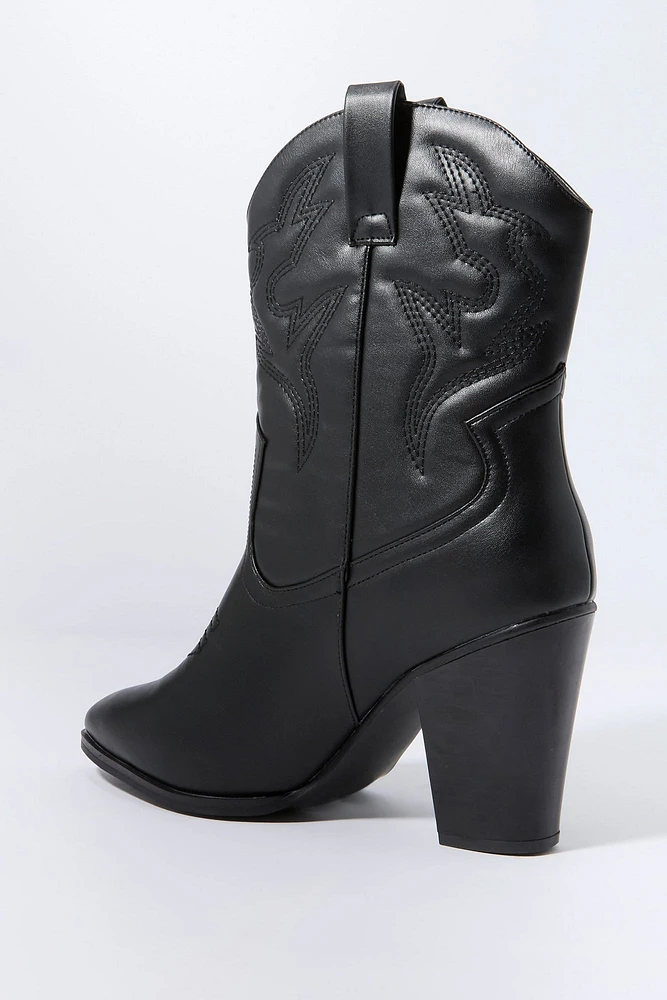 Faux Leather Mid Rise Cowboy Boot