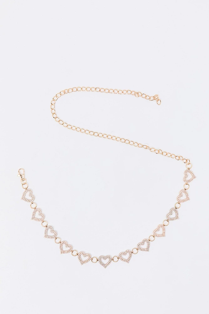 Ceinture en chaîne avec breloque Coeur ornée de pierres du Rhin