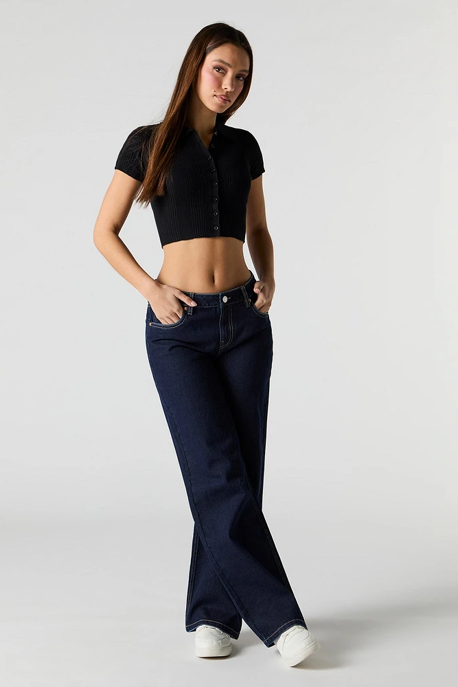 Ribbed Knit Button Front Polo Top