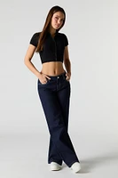 Ribbed Knit Button Front Polo Top