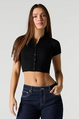Ribbed Knit Button Front Polo Top