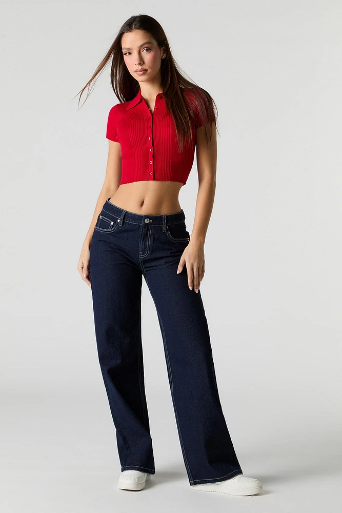 Ribbed Knit Button Front Polo Top