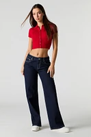 Ribbed Knit Button Front Polo Top