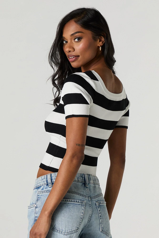 Striped Ribbed Knit Square Neck T-Shirt
