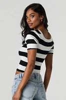 Striped Ribbed Knit Square Neck T-Shirt