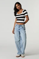 Striped Ribbed Knit Square Neck T-Shirt