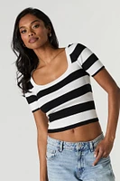 Striped Ribbed Knit Square Neck T-Shirt