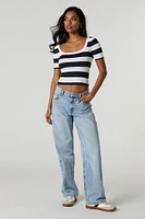 Striped Ribbed Knit Square Neck T-Shirt