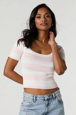 Striped Ribbed Knit Square Neck T-Shirt