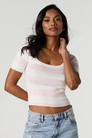 Striped Ribbed Knit Square Neck T-Shirt