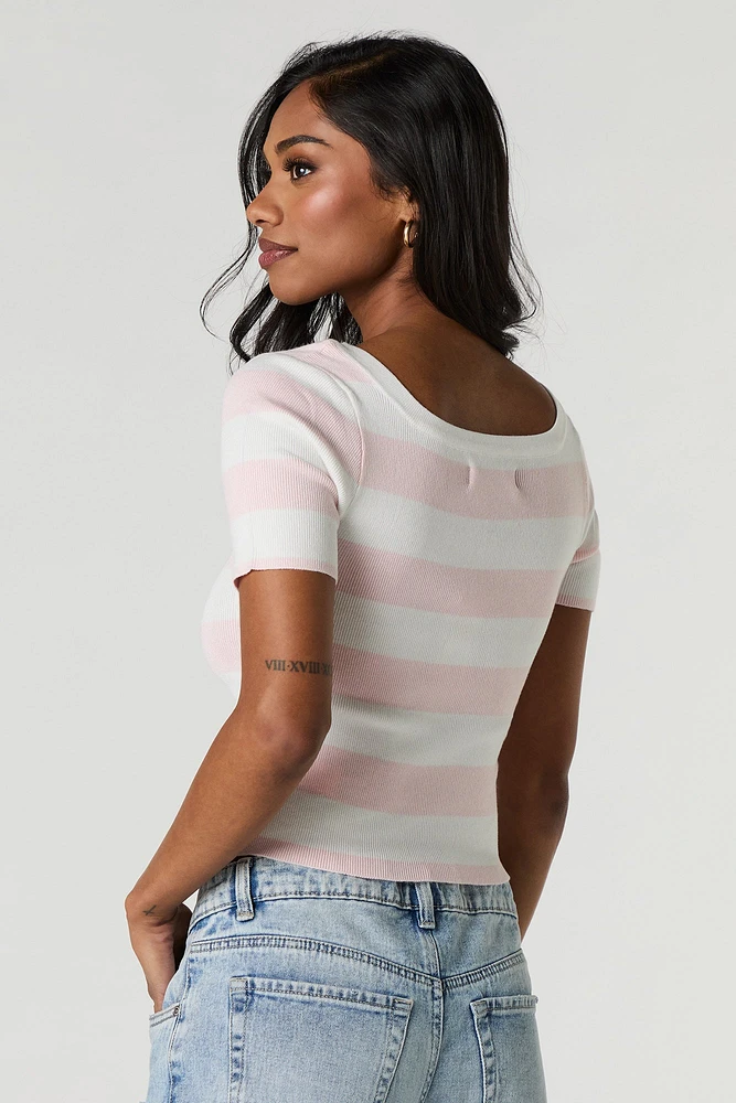 Striped Ribbed Knit Square Neck T-Shirt