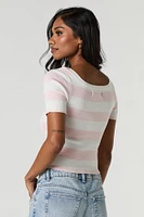 Striped Ribbed Knit Square Neck T-Shirt