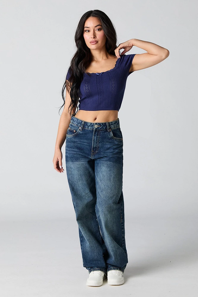 Pointelle Knit Lace Trim Cropped T-Shirt