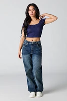 Pointelle Knit Lace Trim Cropped T-Shirt