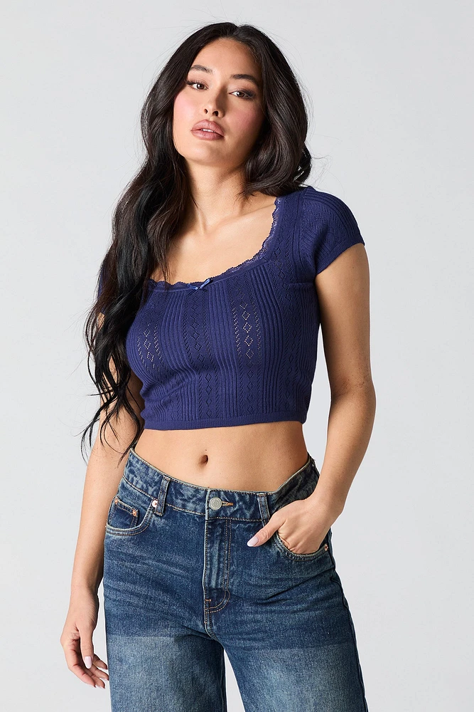 Pointelle Knit Lace Trim Cropped T-Shirt