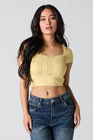 Pointelle Knit Lace Trim Cropped T-Shirt