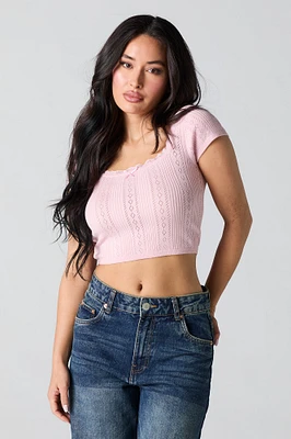 Pointelle Knit Lace Trim Cropped T-Shirt
